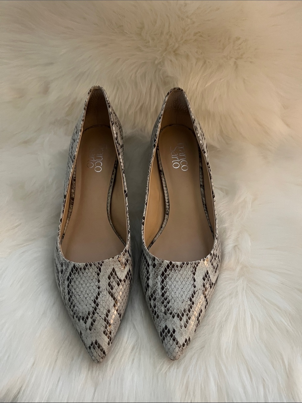 Franco Sarto Pointed Toe Snake-Print Flats in Cream and Brown